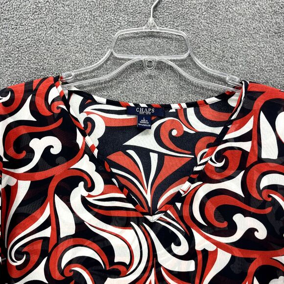 Chaps‎ Top Womens Large Black Red White Short Sleeve Sheer V Neck Blouse - Picture 3 of 14